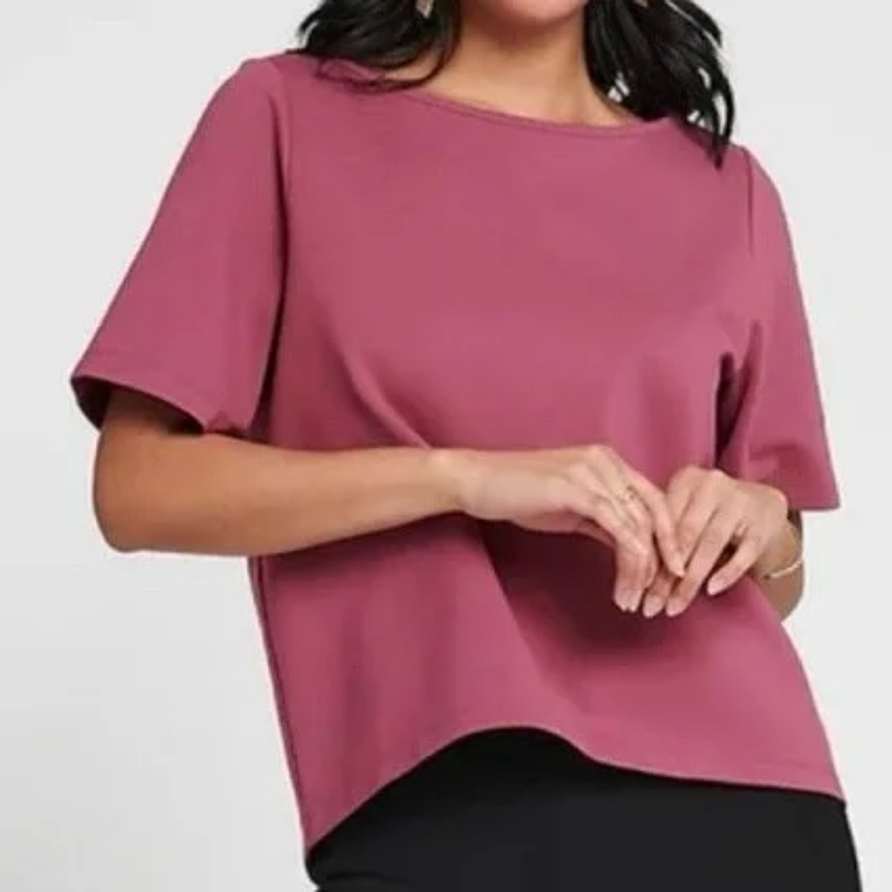 Betabrand Shirt Womens 2X Purple Hi Low Boxy Pink Muave Short Sleeve Ponte W3031